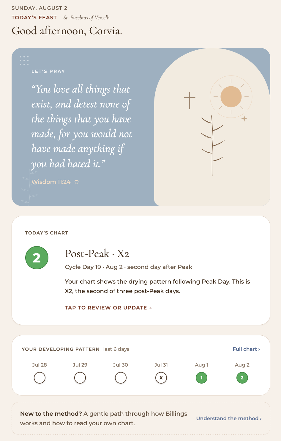 Corvia today screen with scripture and cycle context