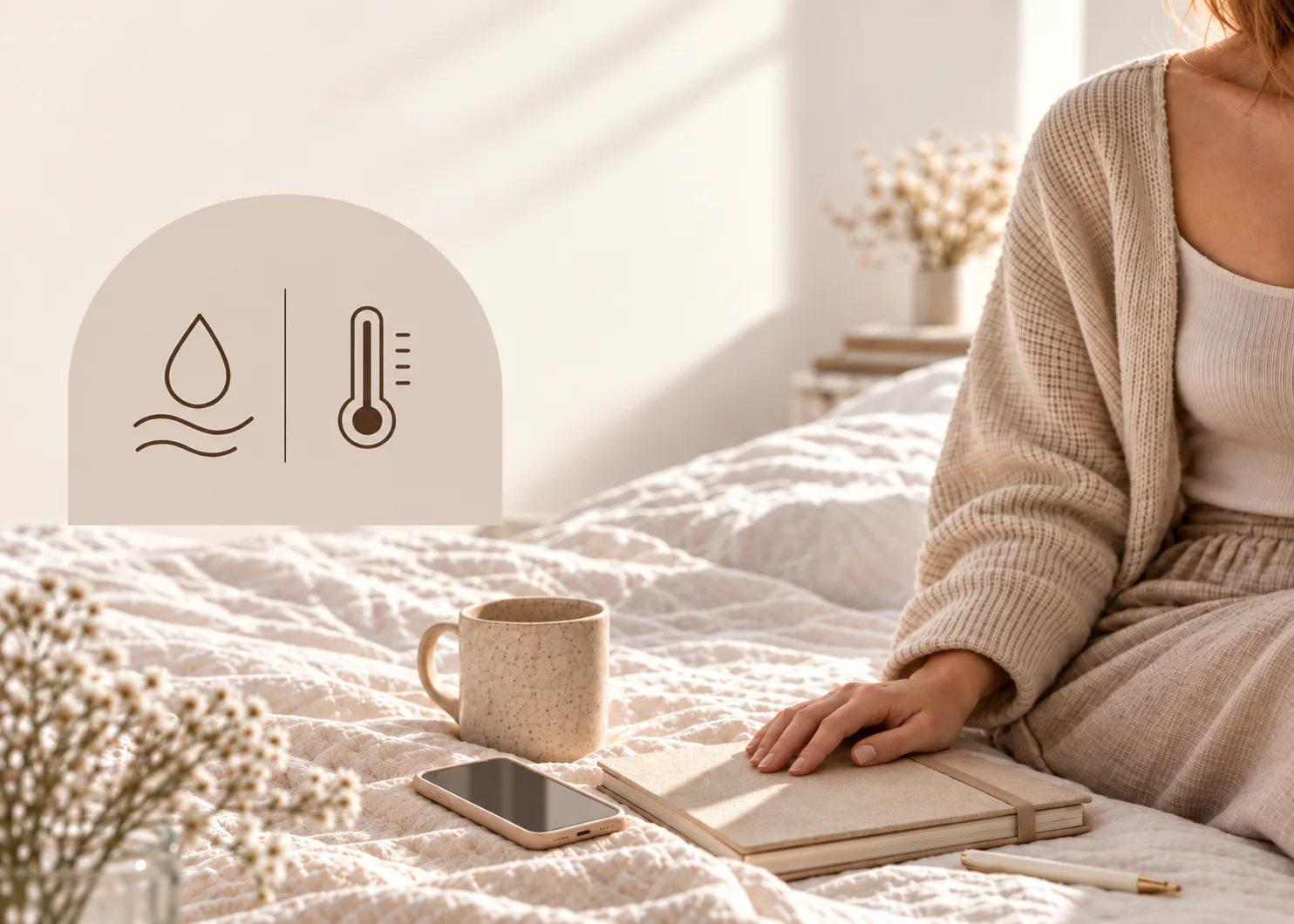 A woman seated on her bed with a journal and phone, beside an arch graphic pairing a droplet and a thermometer