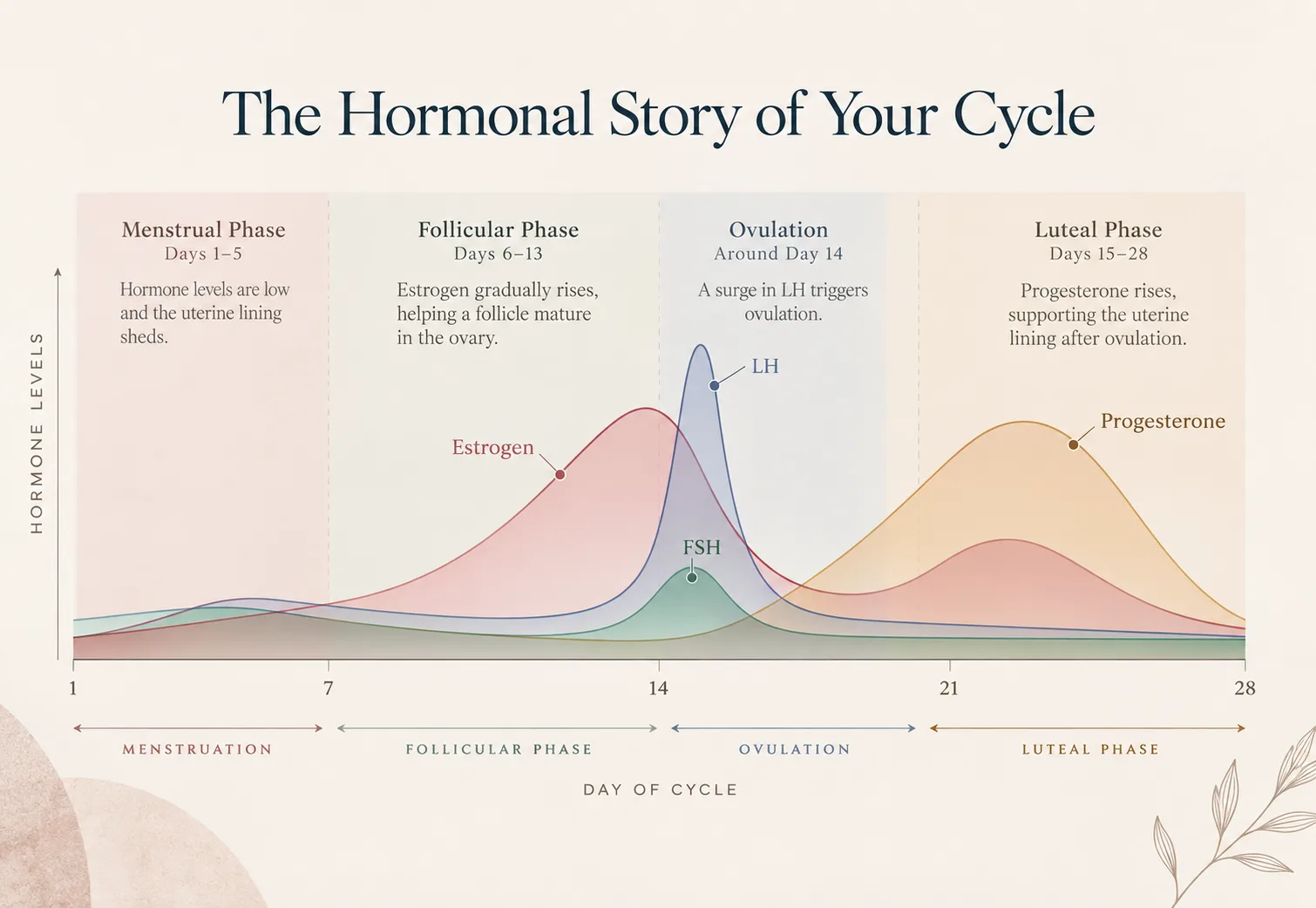 A chart of hormone levels across a cycle, showing the menstrual, follicular, ovulation and luteal phases with estrogen, progesterone, LH and FSH