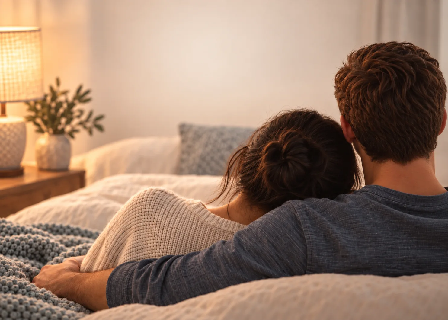 A husband and wife sitting close together on a bed in warm lamplight, seen from behind
