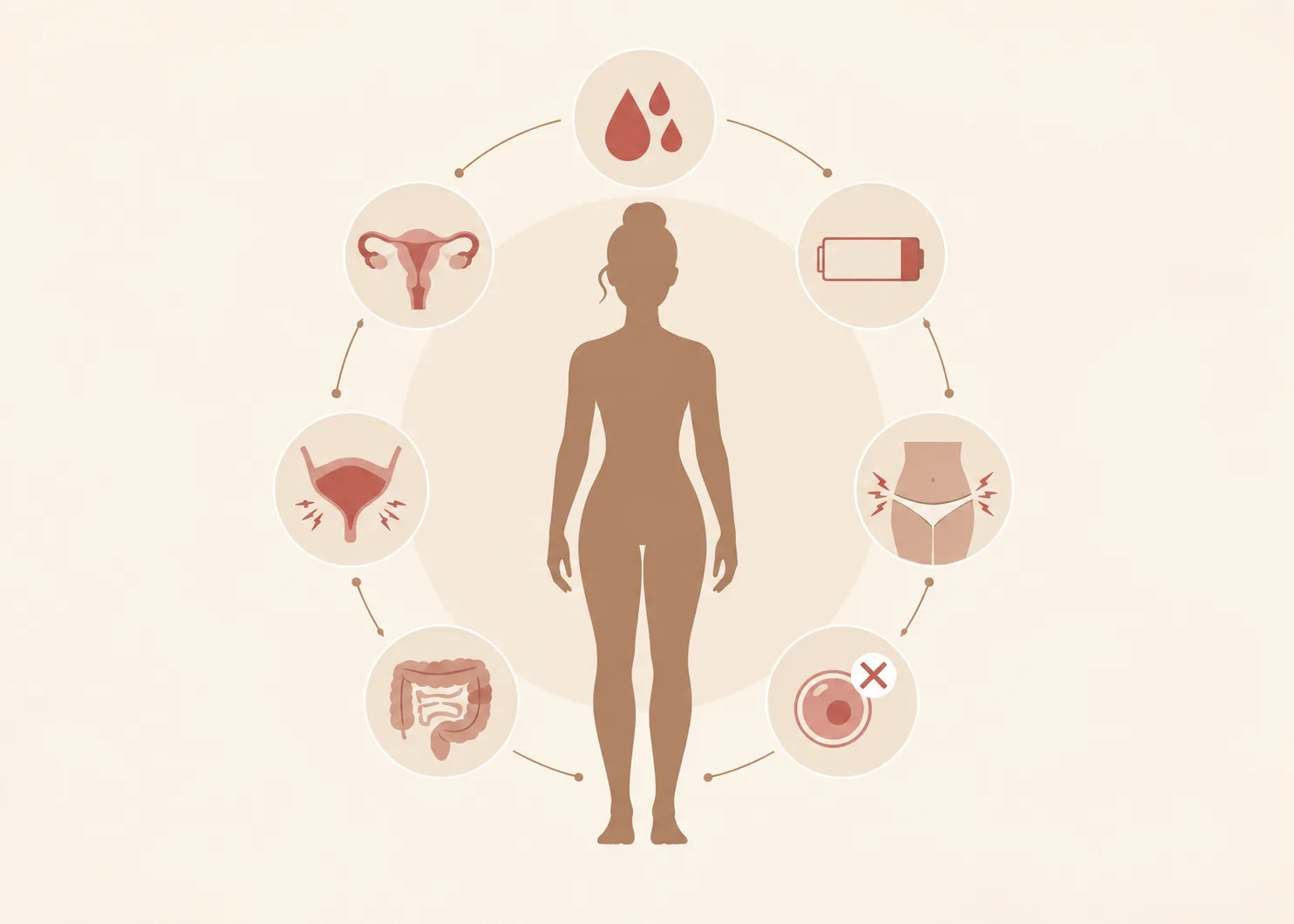 Illustration of a woman's silhouette ringed by icons for common endometriosis symptoms
