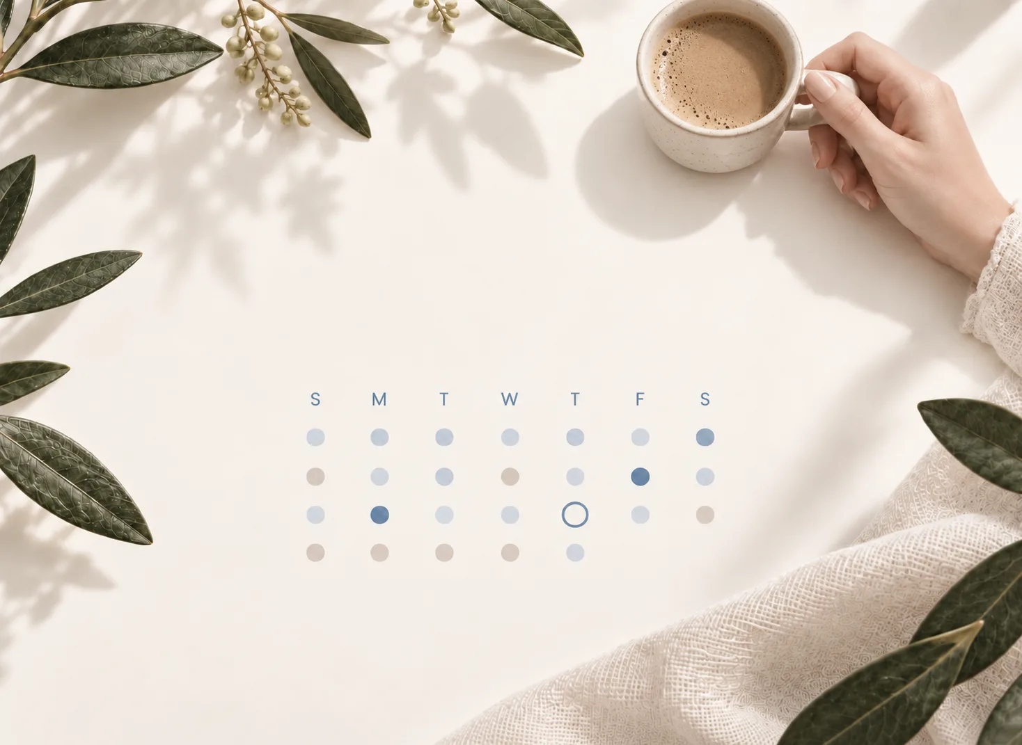 An overhead scene of a coffee cup and olive branches beside a simple dotted week chart