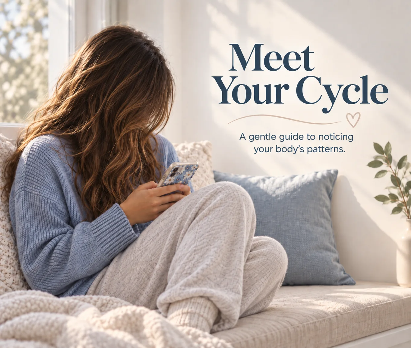 A young woman sitting in a sunlit window seat with her phone, under the words Meet Your Cycle
