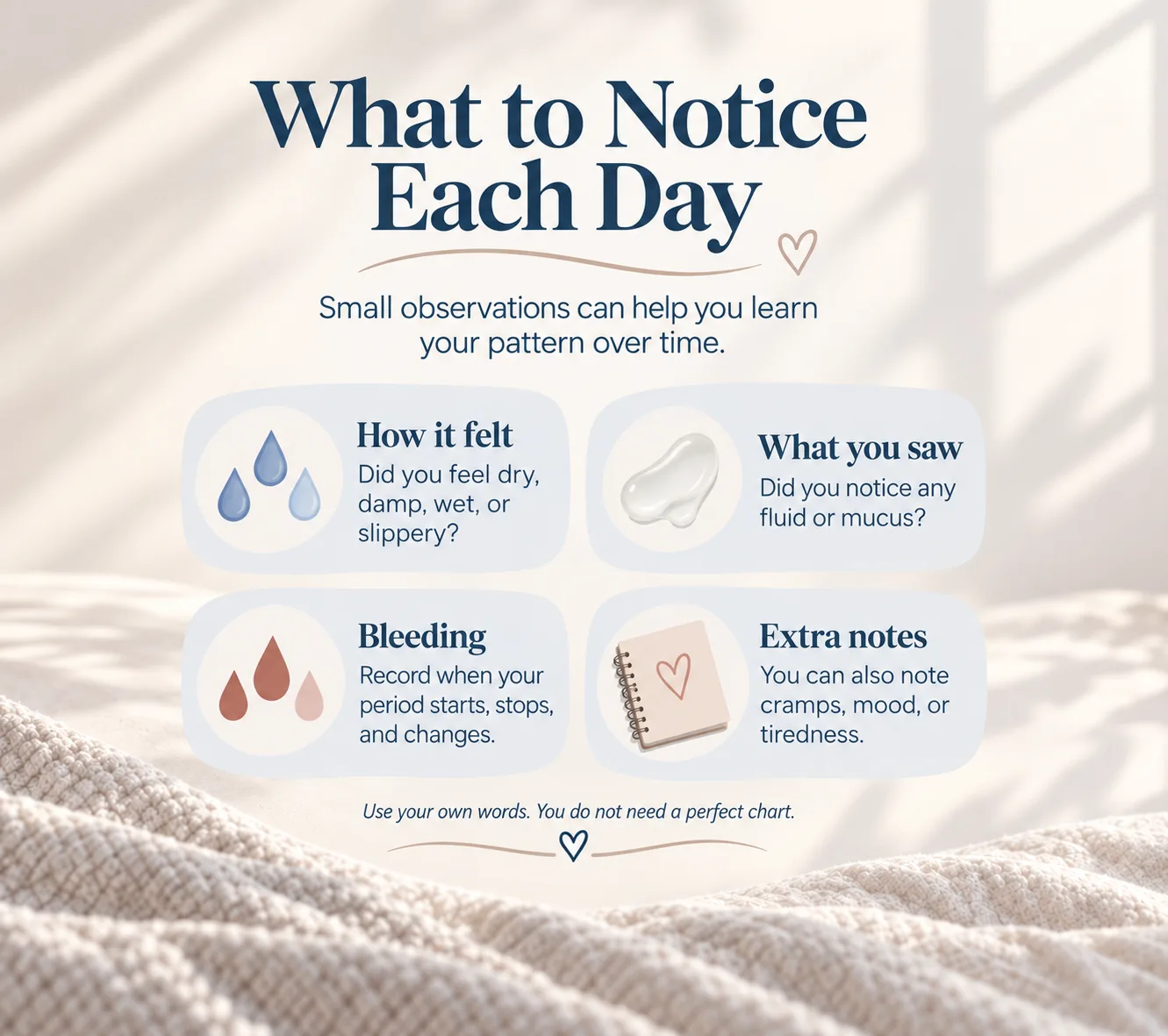 Four things to notice each day: how it felt, what you saw, bleeding, and extra notes.
