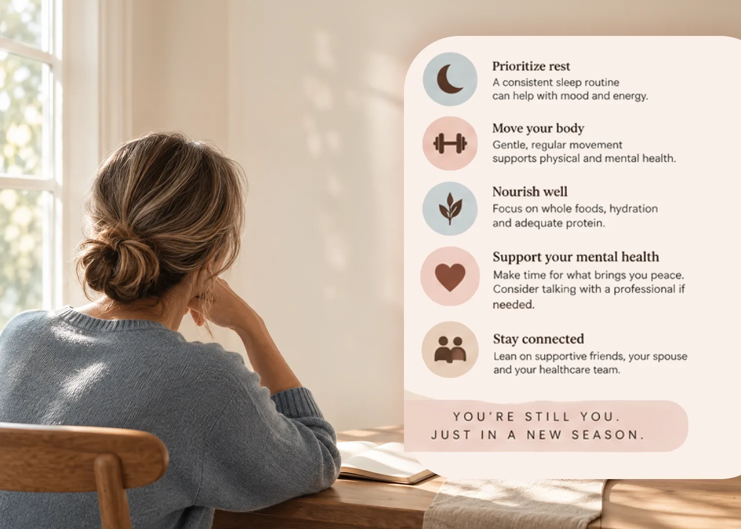 Five supports during perimenopause: prioritize rest, move your body, nourish well, support your mental health, and stay connected.