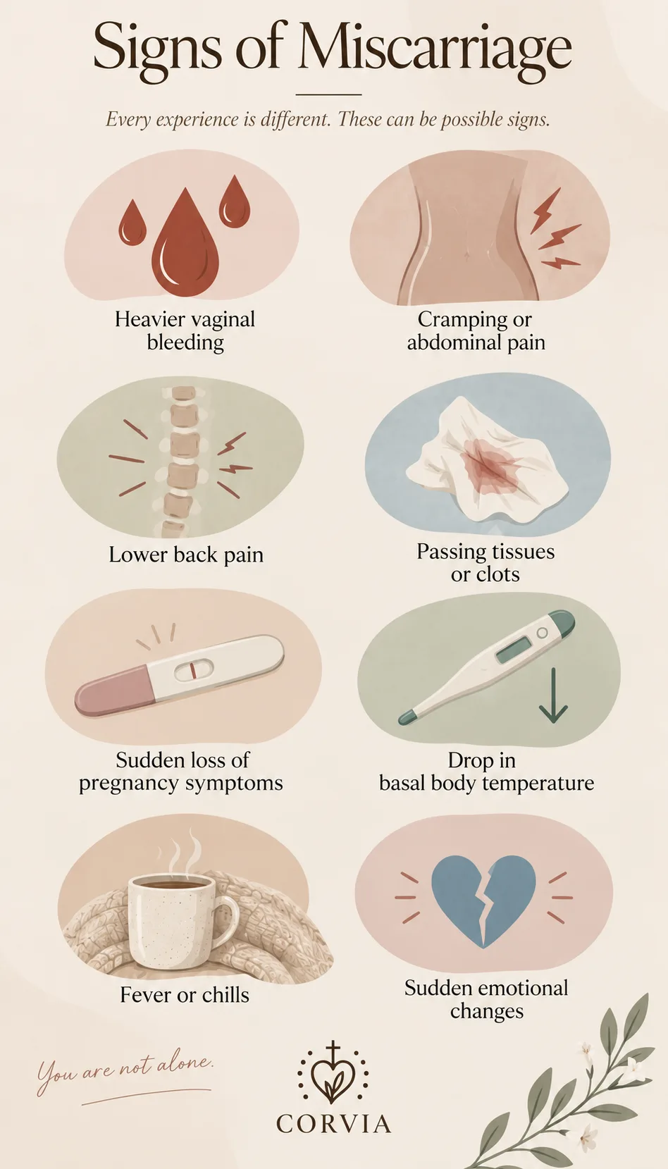 Possible signs of miscarriage: heavier vaginal bleeding, cramping or abdominal pain, lower back pain, passing tissue or clots, sudden loss of pregnancy symptoms, a drop in basal body temperature, fever or chills, and sudden emotional changes.