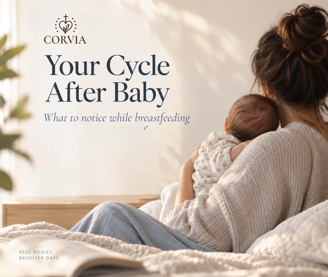 A mother holding her newborn in a sunlit bedroom, under the words Your Cycle After Baby
