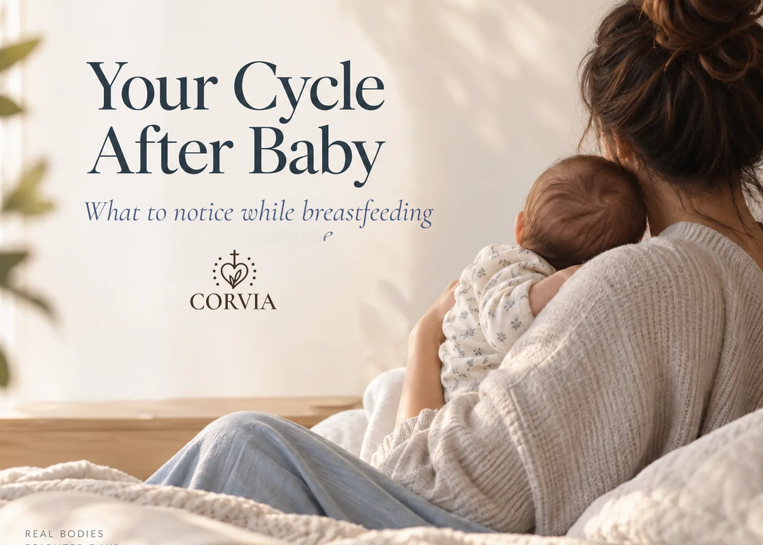 A mother holding her newborn in a sunlit bedroom, under the words Your Cycle After Baby