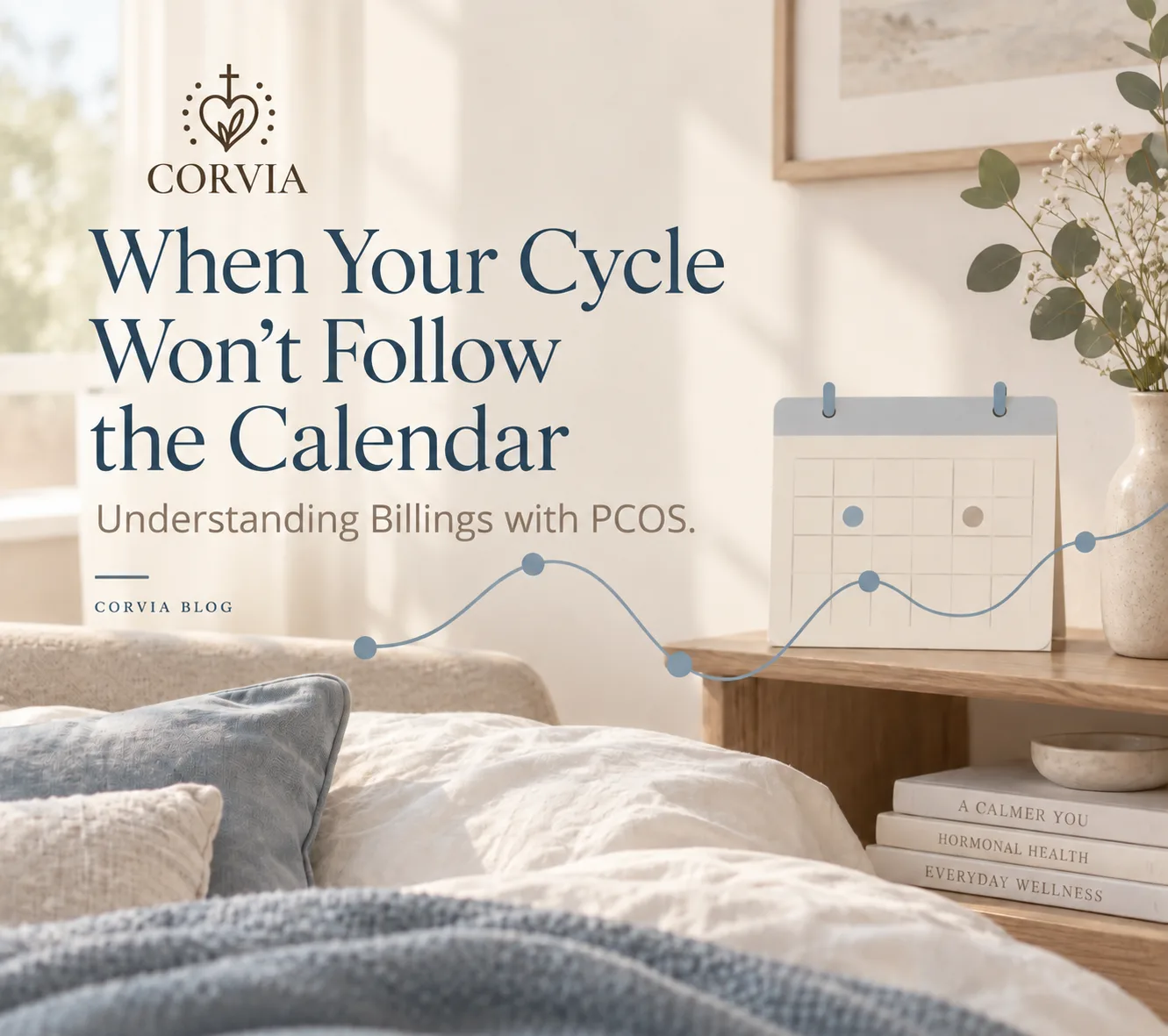 A calm bedroom with a crucifix and a calendar, with an irregular wave line drawn across the scene