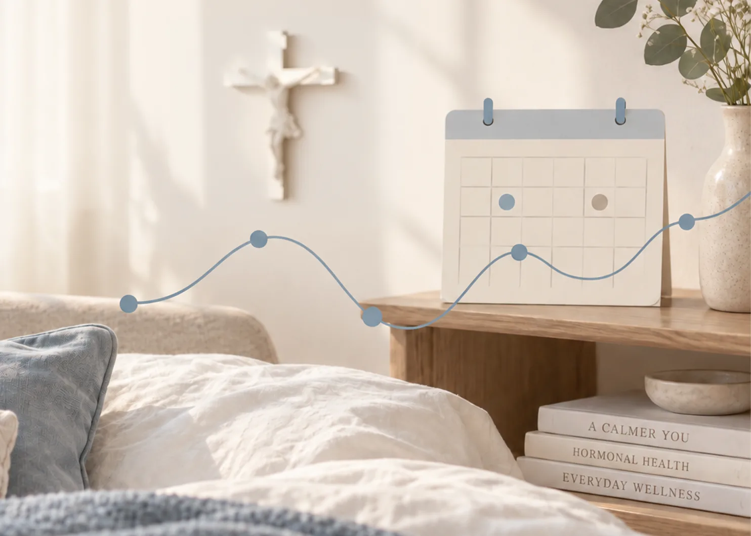A calm bedroom with a crucifix and a calendar, with an irregular wave line drawn across the scene