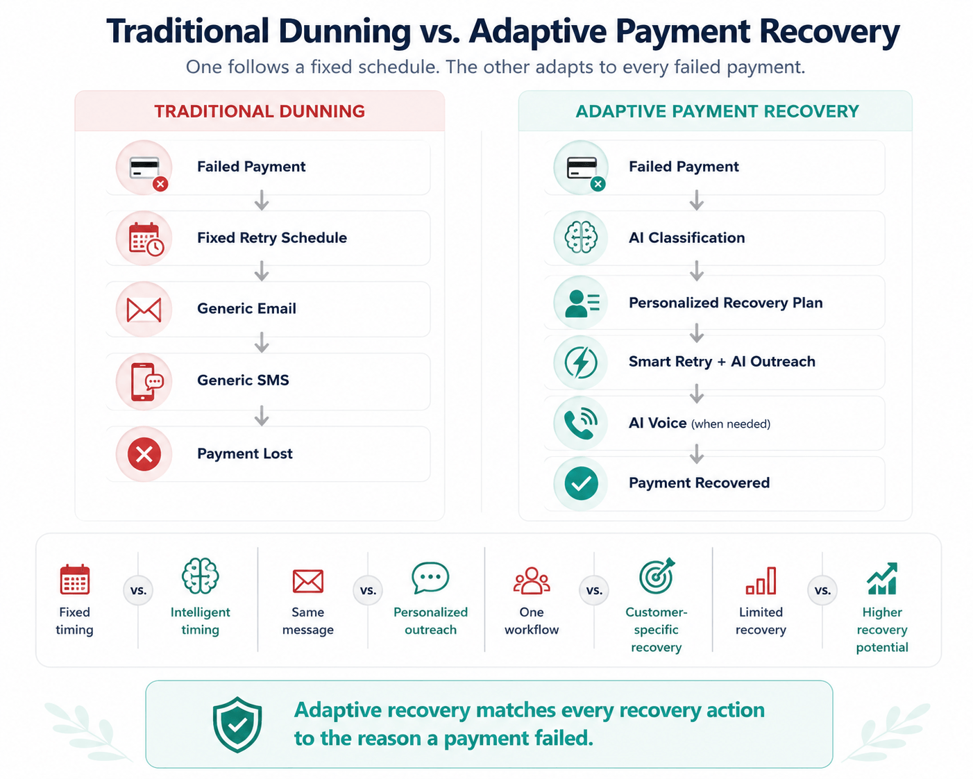 Infographic comparing traditional dunning with AI-powered adaptive payment recovery for subscription businesses.