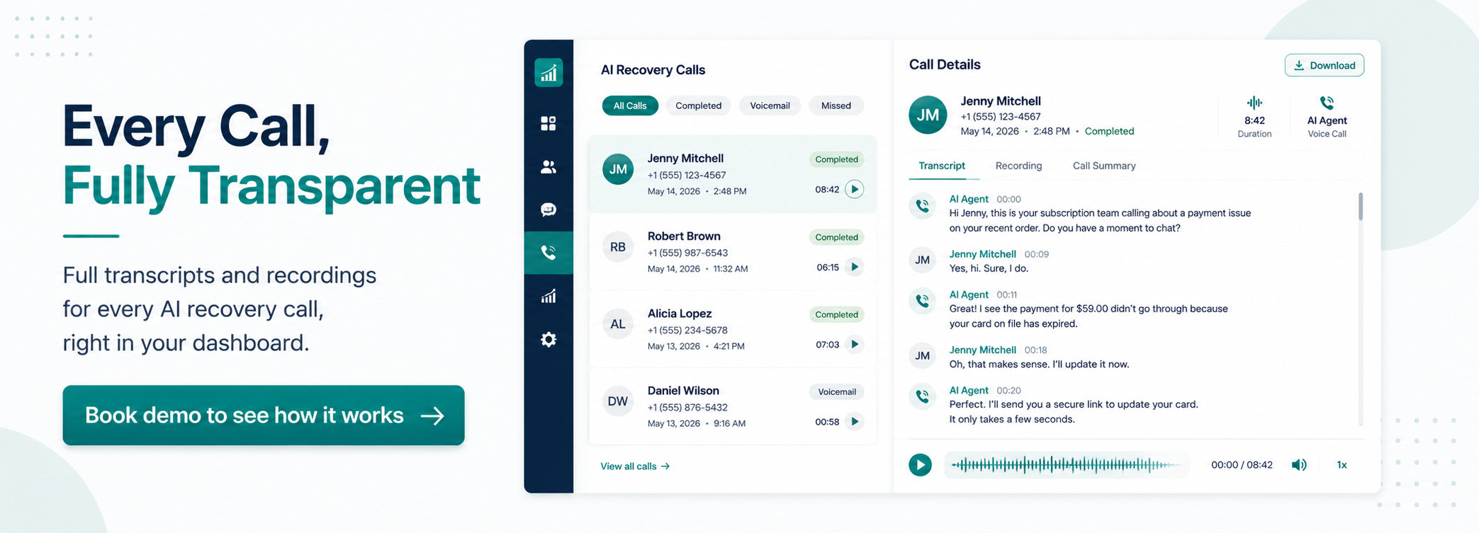 AI voice recovery call dashboard showing live transcript and case summary