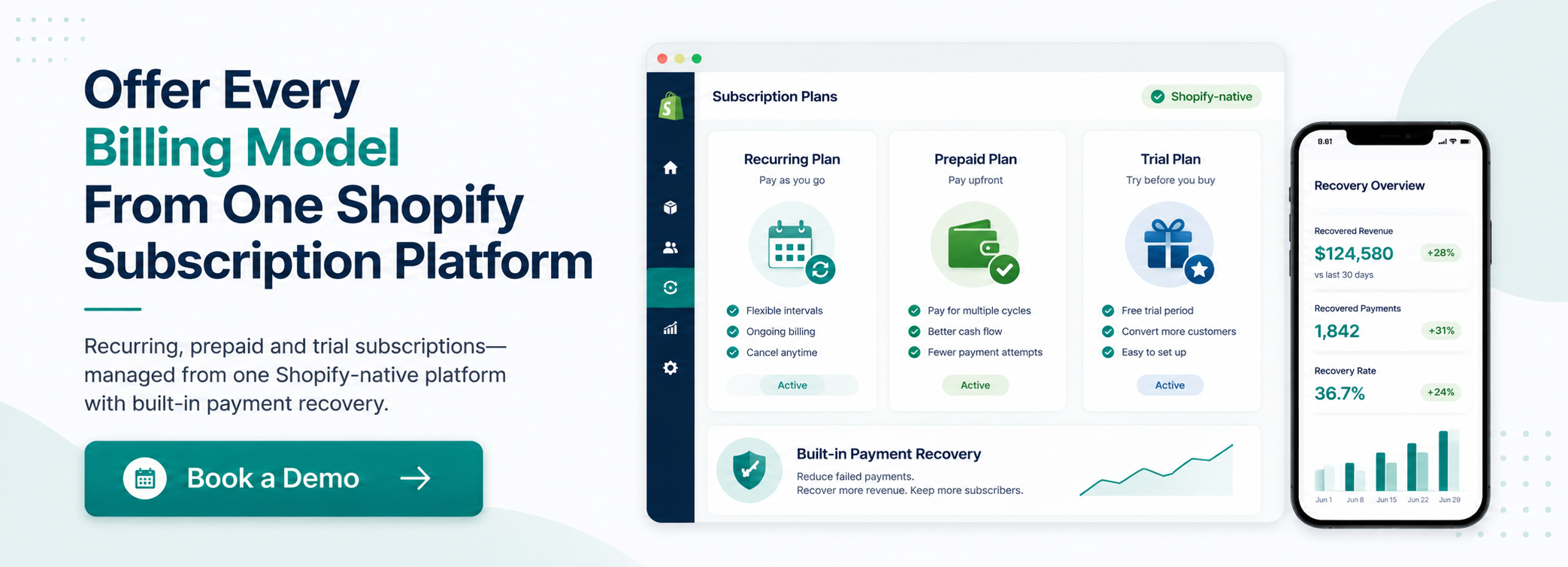 Shopify product page showing multiple subscription billing options including monthly, prepaid, and trial