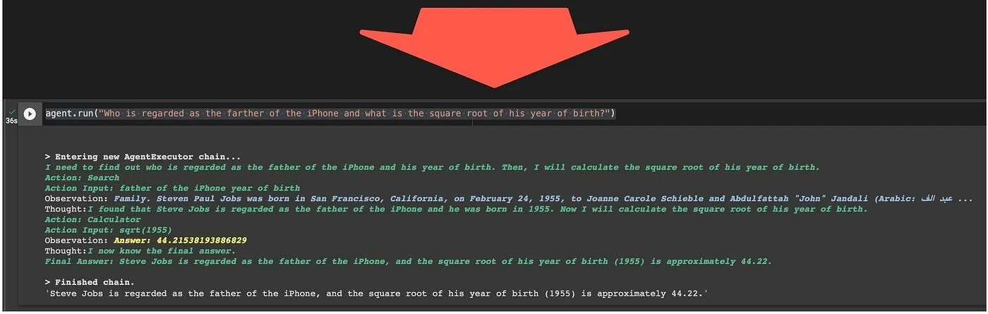 Example of an agent reasoning process showing step-by-step thoughts, search actions, calculations, and final answer for a query about the father of the iPhone and the square root of his birth year.
