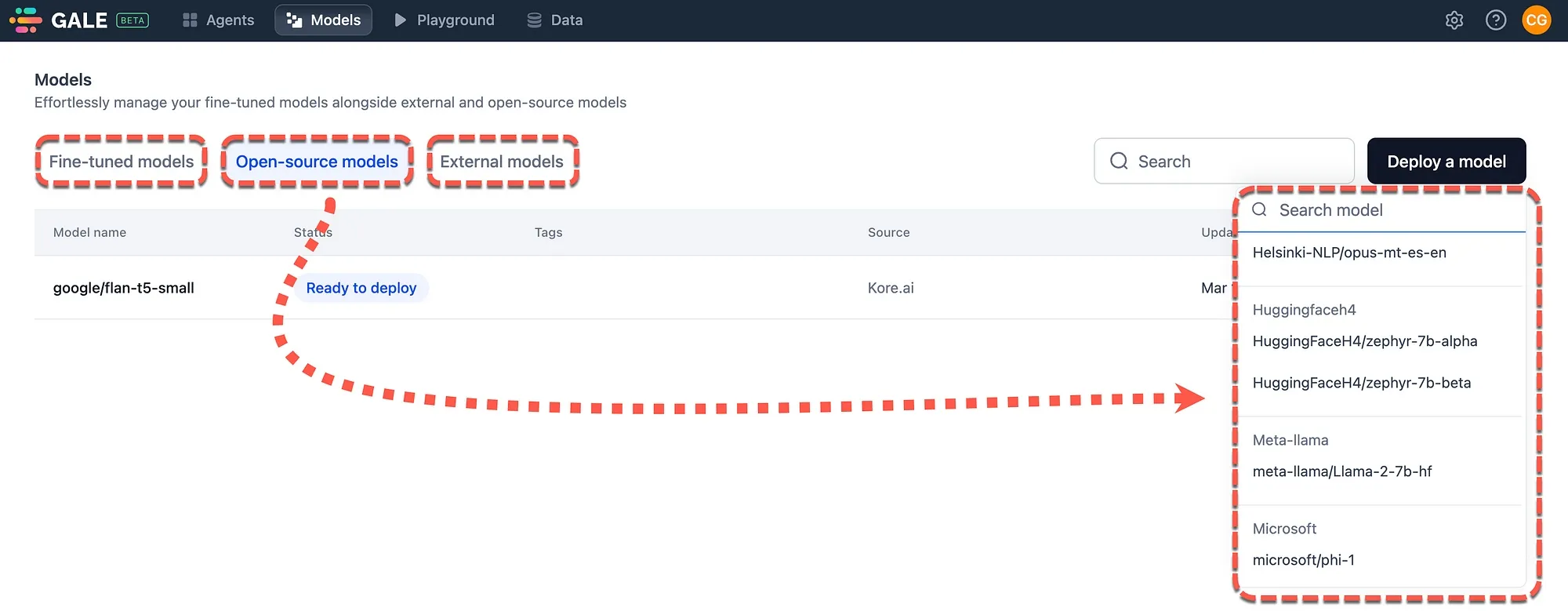 GALE dashboard displaying fine-tuned, open-source, and external AI models.
