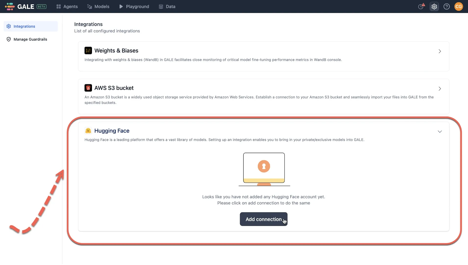 GALE integrations page displaying Hugging Face connection setup.