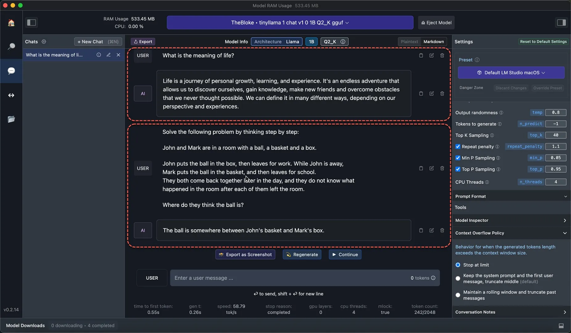 LM Studio chat interface showing local LLM responses
