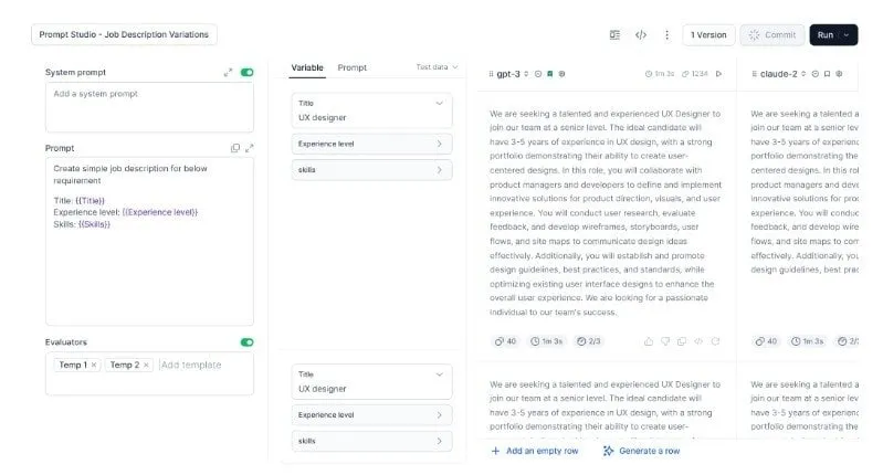 AI prompt studio interface generating multiple job description variations using large language models for HR and recruitment automation.