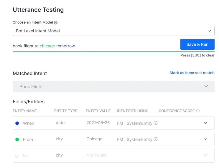Kore.ai Utterance Testing interface showing the test input "book flight to chicago tomorrow," matching the "Book Flight" intent with identified entities (date: 2021-06-25, city: Chicago).