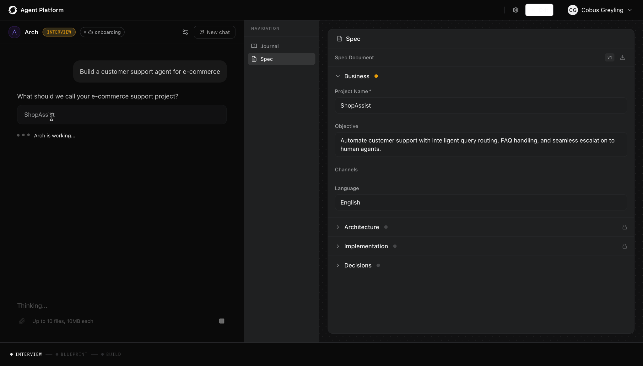 The image shows Kore.ai ARCH interface showing plain-language input for building an AI agent.