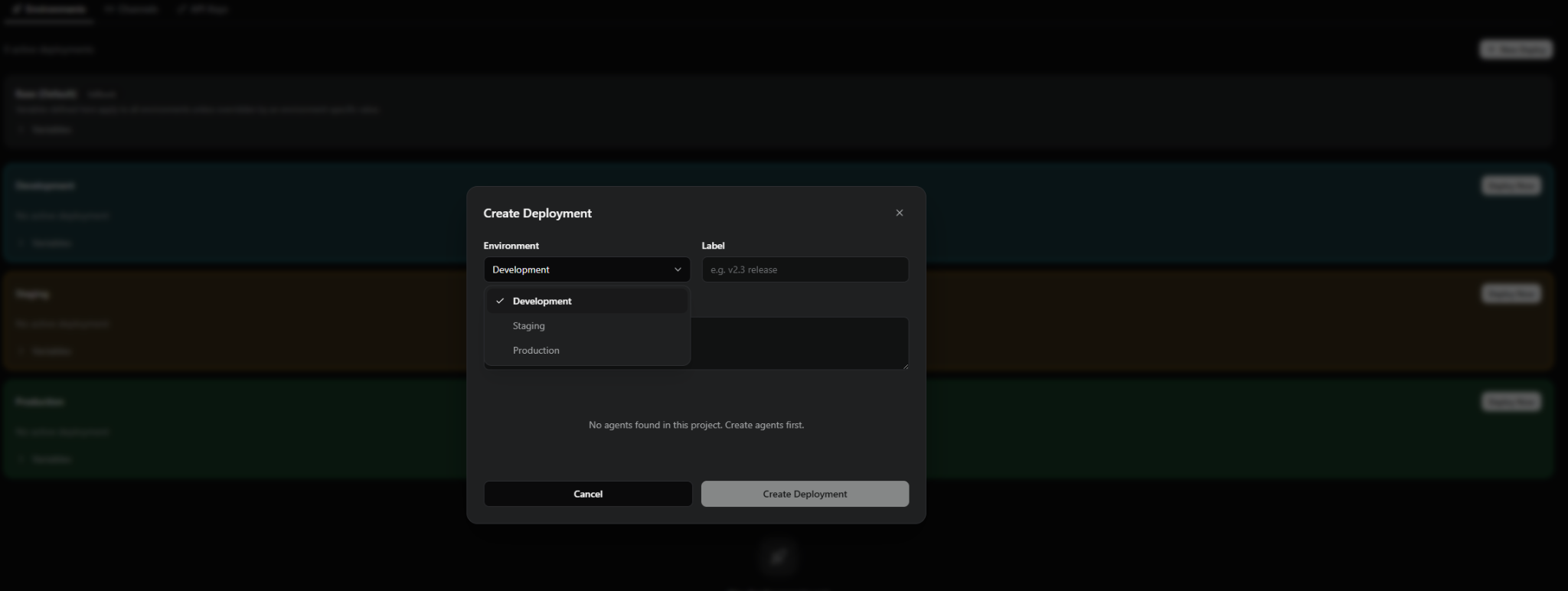 The image shows the platform's new deployment panel, with deployment, staging, and production options.
