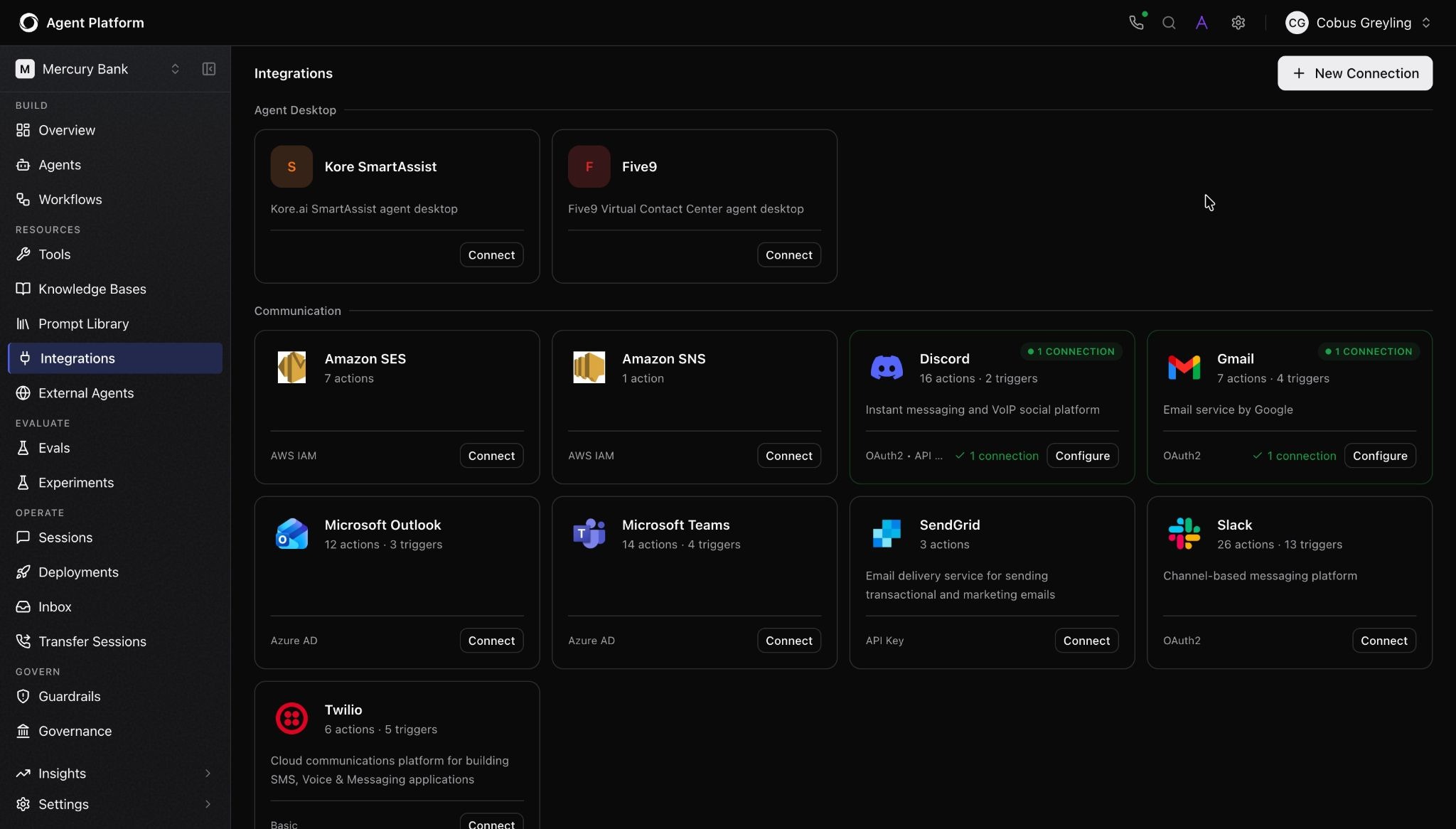 The image shows tools and integrations panel in Kore.ai agent platform showing pre-built connectors and custom API endpoints