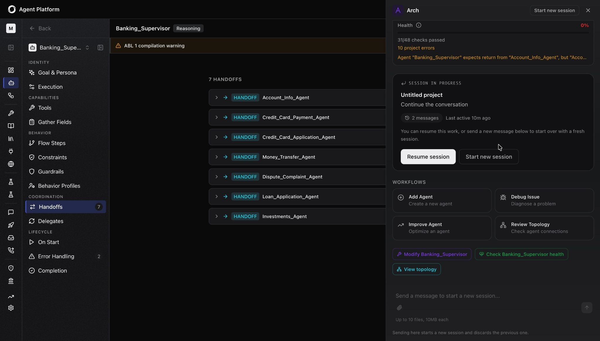 The image shows AI agent configuration panel in Kore.ai showing goal, persona, flow steps, and handoff settings.