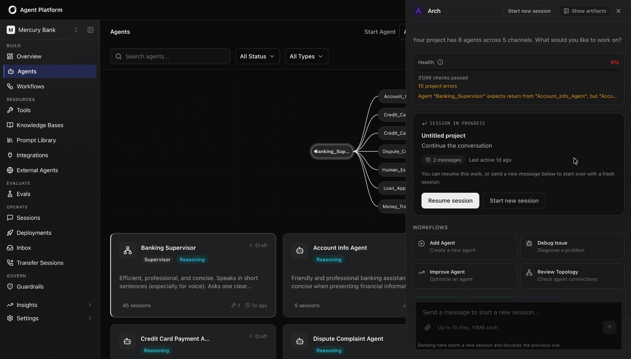 The image shows Kore.ai agent platform with six agents being built in real time.