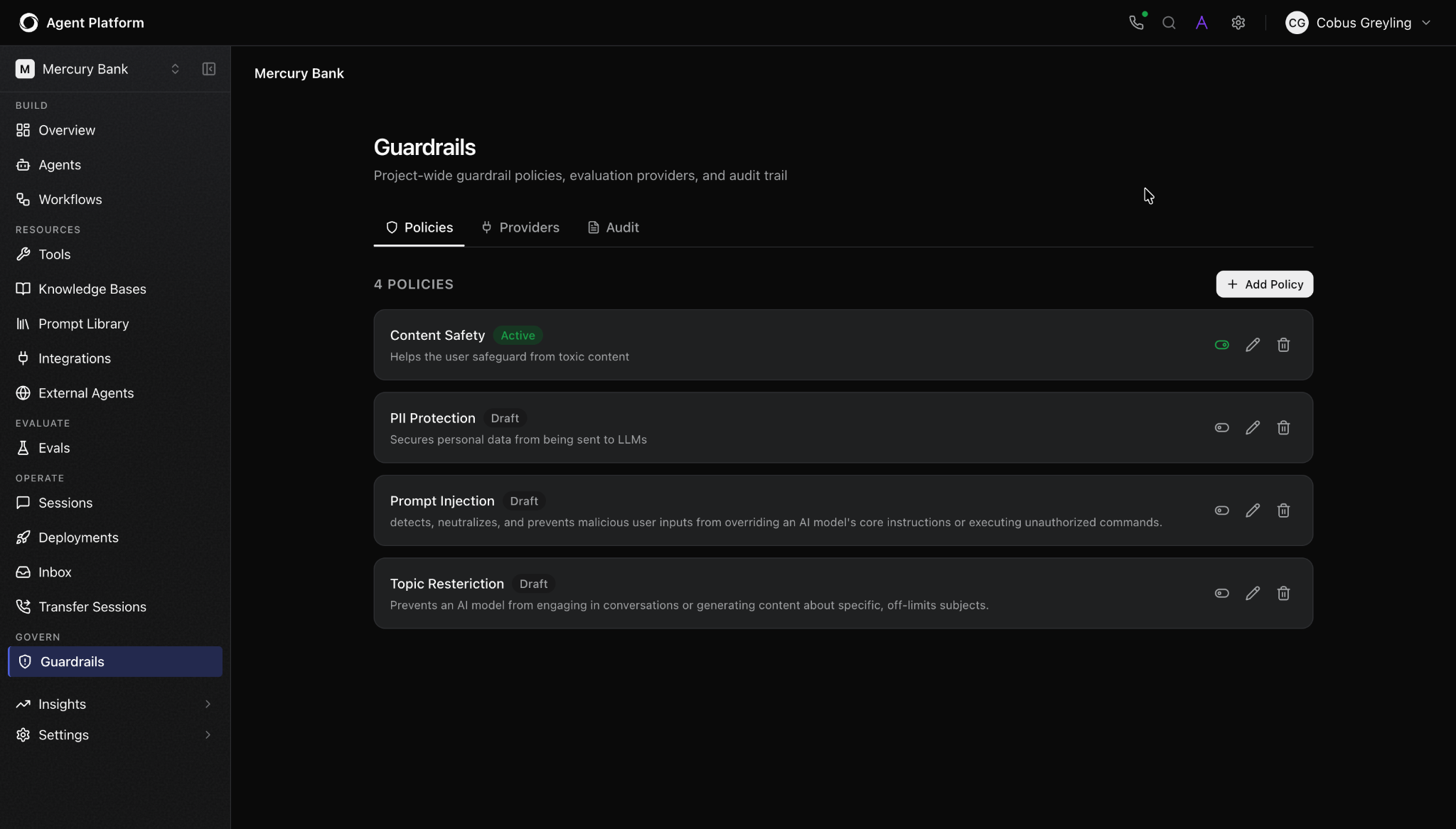 The image shows platform's guardrails panel showing content safety, PII detection, and hallucination monitoring controls.