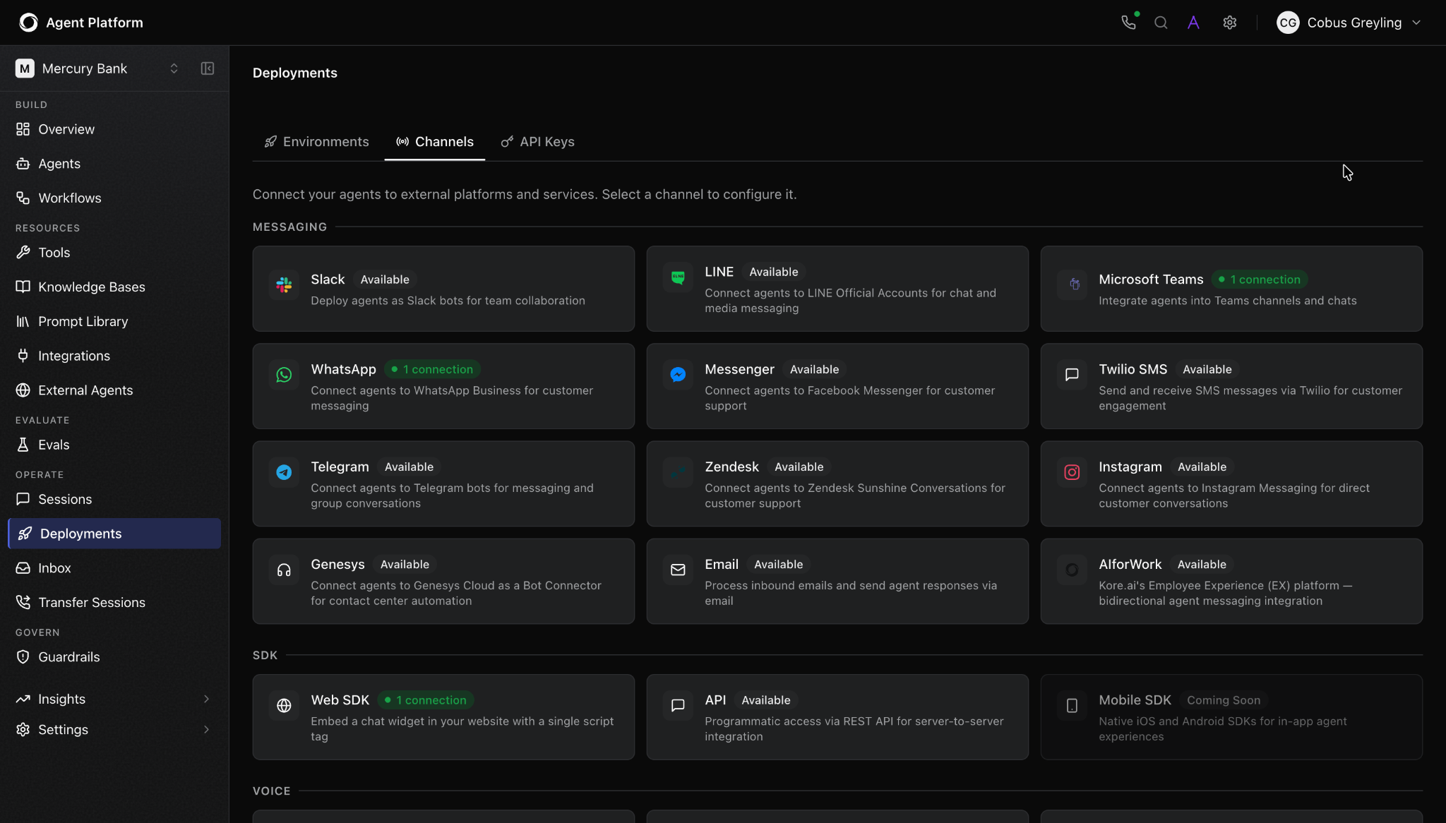 The image shows deployment channels panel showing Slack, WhatsApp, Microsoft Teams, Facebook Messenger, and various deployment options.