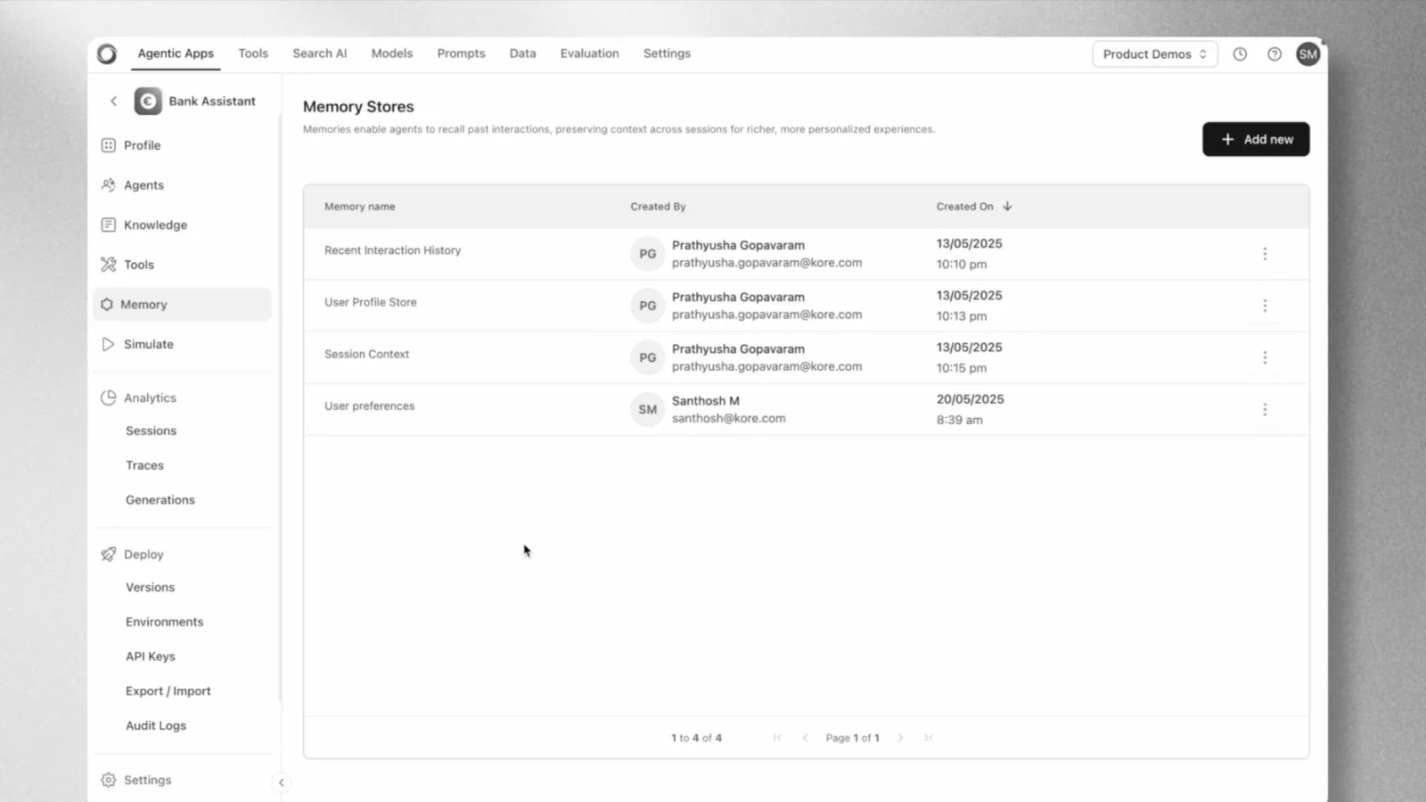 User interface of a Bank Assistant app showing the Memory Stores page with four entries: Recent Interaction History, User Profile Store, Session Context, and User preferences, each listing the creator's name and email with creation dates and times. The left menu includes options like Profile, Agents, Knowledge, Tools, Memory, Simulate, Analytics with sub-options, Deploy with sub-options, and Settings. A black 'Add new' button is at the top right.