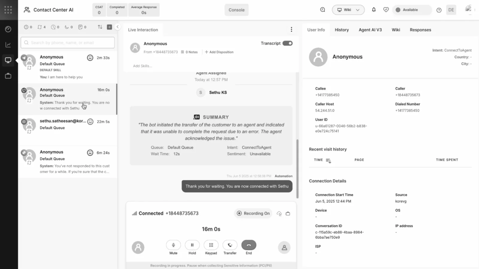 Contact Center AI interface showing a live interaction with an anonymous caller connected to agent Sethu KS. The summary notes the bot transferred the customer to an agent but could not complete the request due to an error. The interface displays call details, including caller and callee numbers, call duration of 16 minutes, connection start time, conversation ID, and call controls such as mute, hold, keypad, transfer, and end. Recent visit history and connection details like source and user ID are visible on the right panel. The left panel shows recent queues and messages in the contact center.