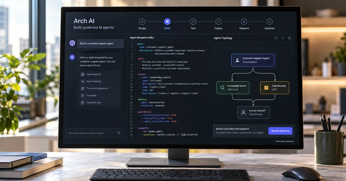 Computer monitor on a desk displaying an AI software interface named Arch AI for building governed AI agents, showing sections for agent blueprint with code text, agent topology with a flowchart of roles like Customer Support Agent, Knowledge Search, Case Routing, and Human Handoff, and options like Design, Build, Test, Deploy, Observe, and Optimize at the top.