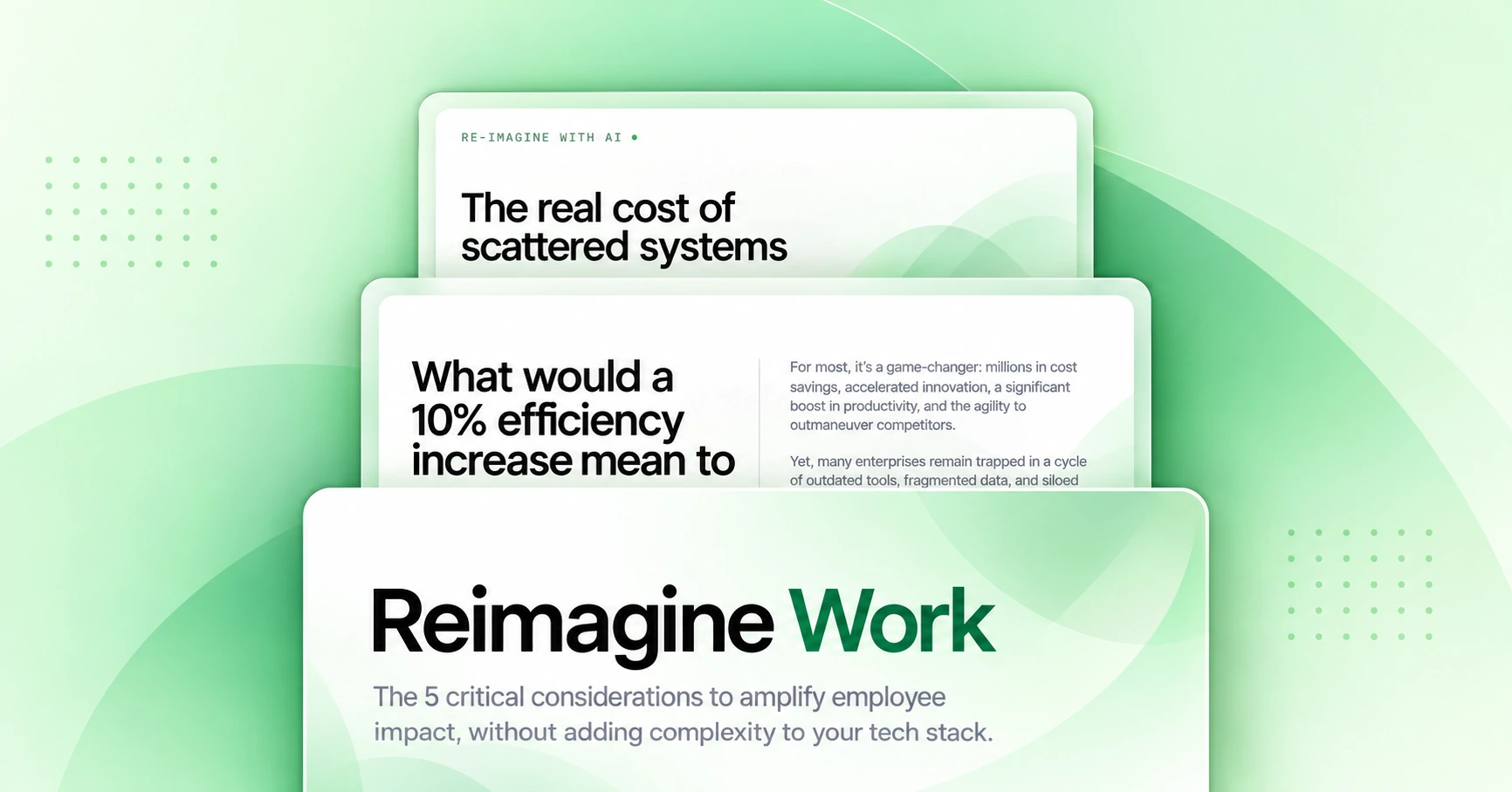 A graphic with three layered cards on a green gradient background, titled: 'Reimagine Work' with a subtitle about amplifying employee impact without added tech complexity, 'What would a 10% efficiency increase mean to' followed by partial text, and 'The real cost of scattered systems'.