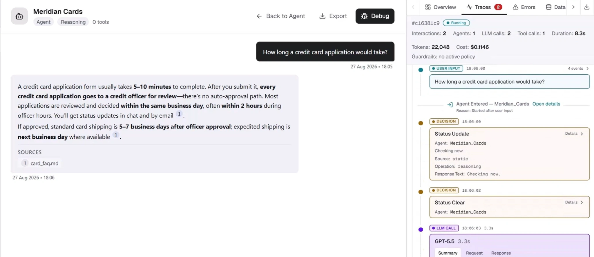 AI agent conversation review dashboard showing a credit card application response, source citations, and execution traces.