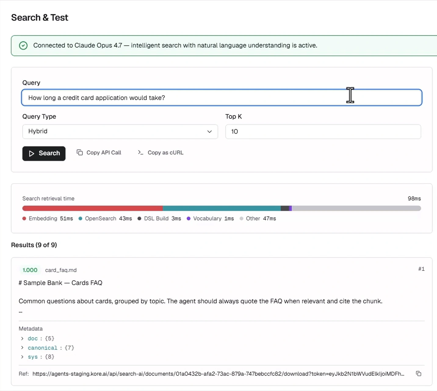 AI search testing interface showing a hybrid search query, retrieval time, and knowledge base results.