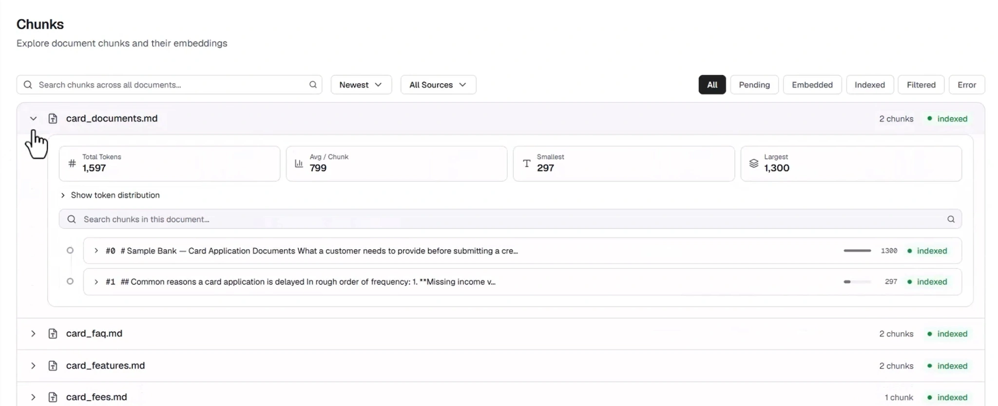 AI knowledge base dashboard displaying document chunks, token distribution, and indexing status.