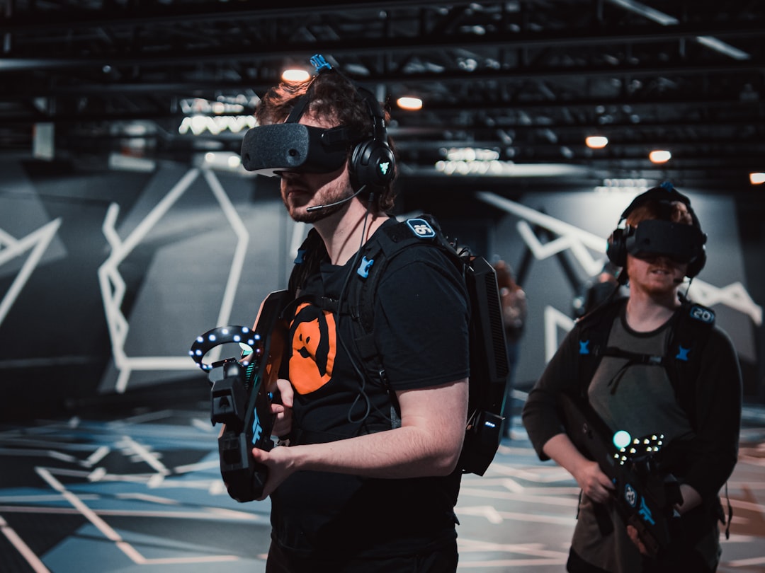 Group of employees wearing VR headsets together in a shared training session