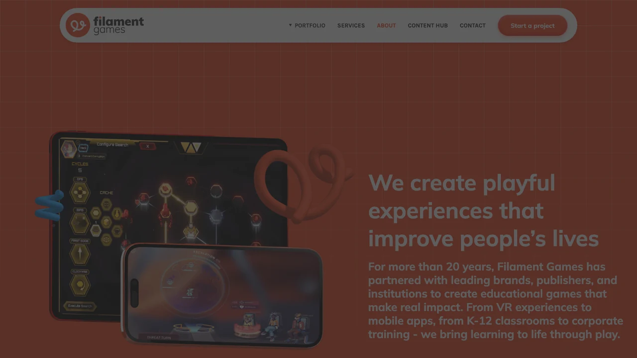 Filament Games about page showing its education titles