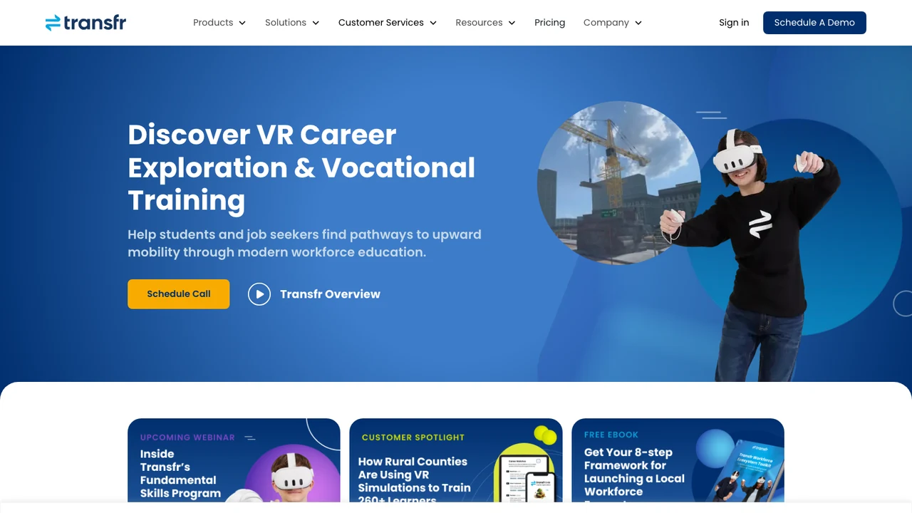 Transfr website, on VR career exploration and vocational training