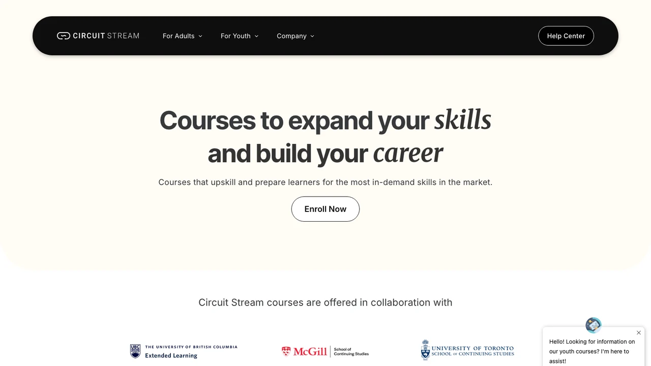Circuit Stream website showing its course listings
