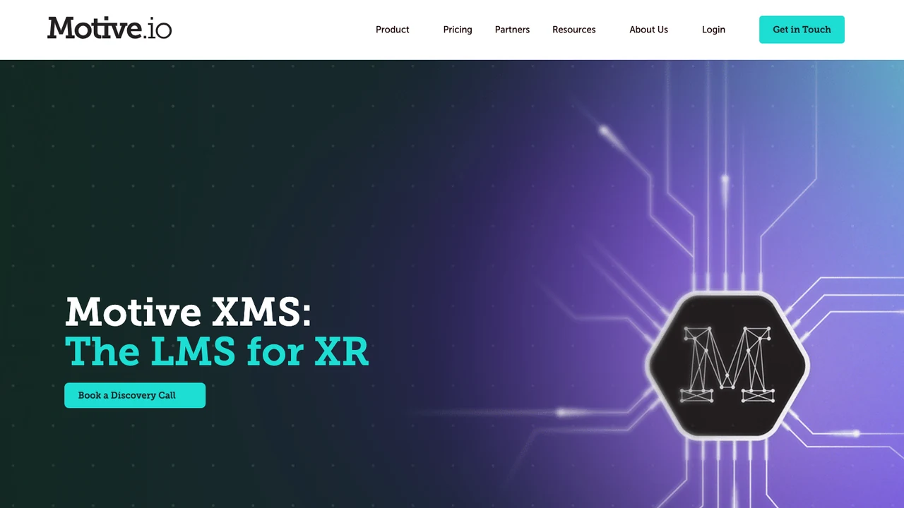 Motive.io website, headed Motive XMS: The LMS for XR
