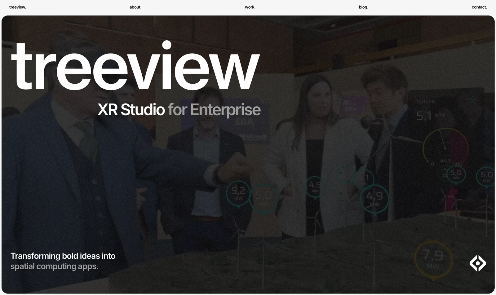 Treeview website homepage, showing people viewing an augmented reality wind farm model with live turbine output figures overlaid