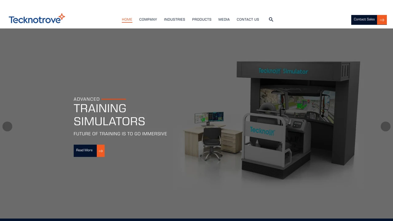 Tecknotrove website, showing an advanced training simulator cabin