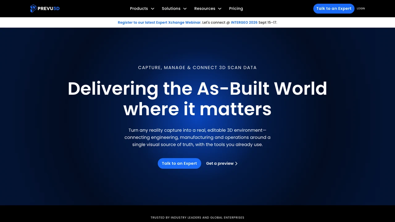 Prevu3D website, headed Delivering the As-Built World where it matters