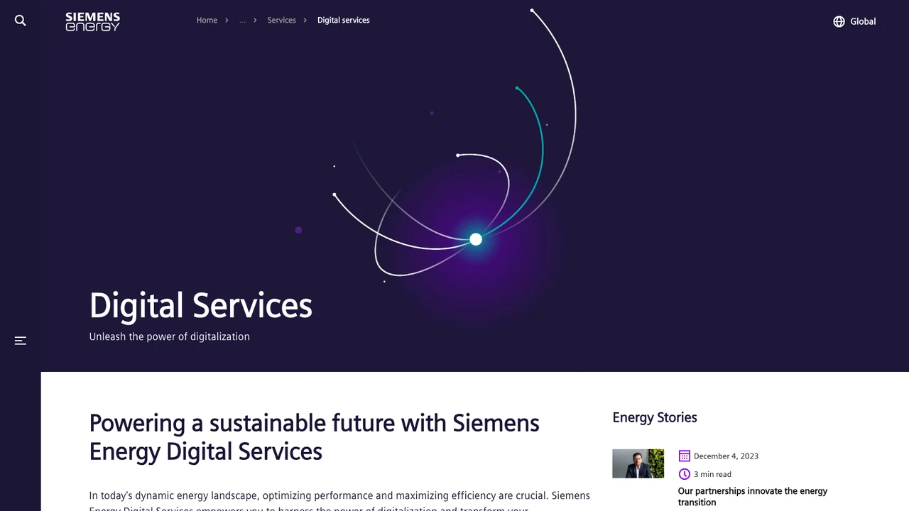 Siemens Energy Digital Services page, headed Unleash the power of digitalization