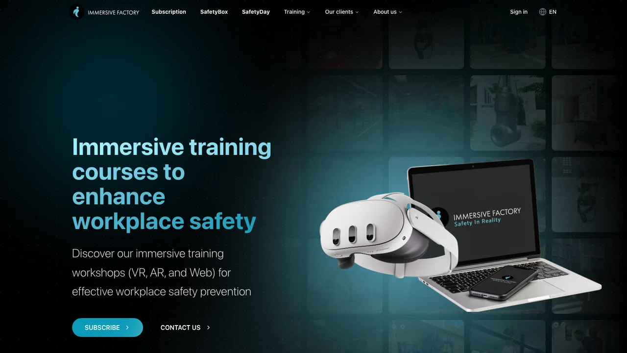 Immersive Factory website homepage, headed Immersive training courses to enhance workplace safety, showing a VR headset beside a laptop.