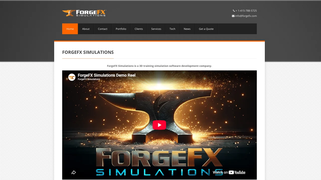 ForgeFX Simulations website homepage, showing its company name and an embedded demo reel for its 3D training simulation software.