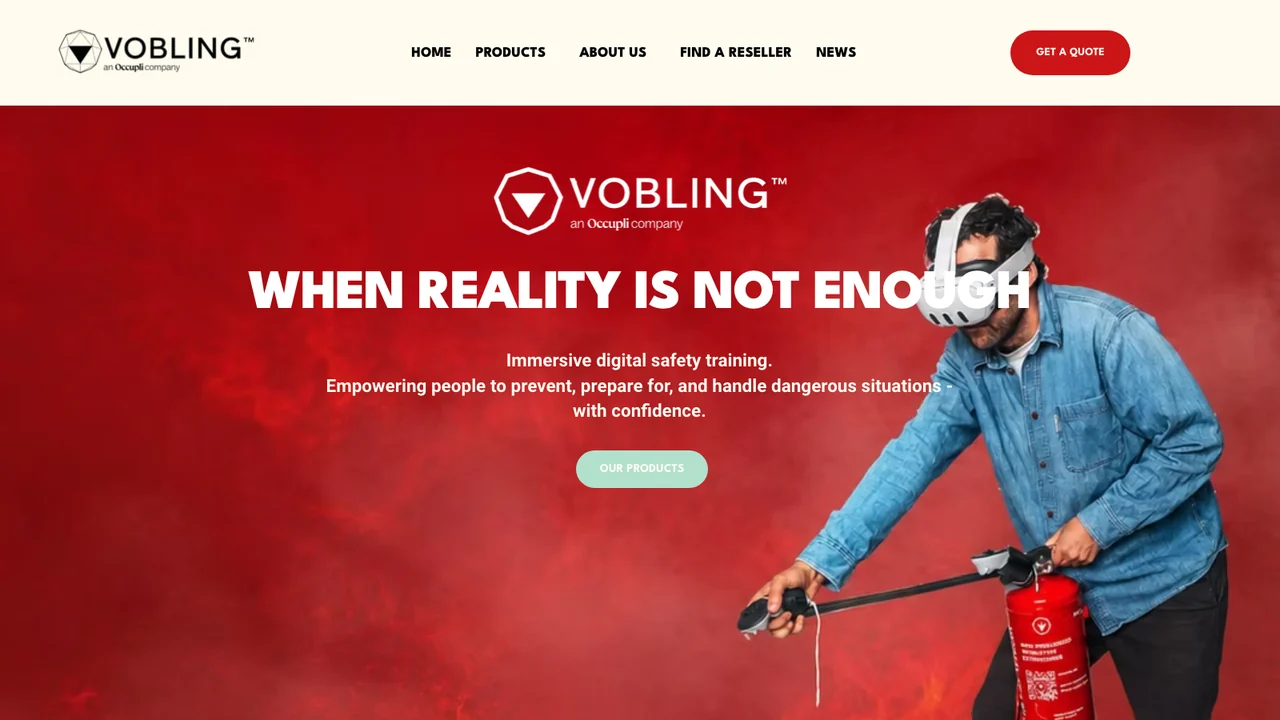 Vobling website homepage, headed When reality is not enough, showing a person in a VR headset operating a real fire extinguisher.