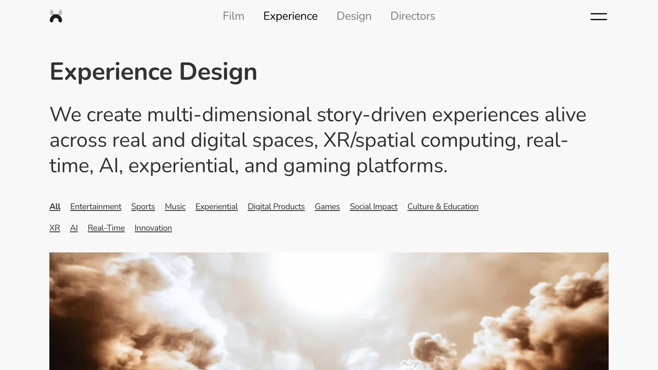 Nexus Studios experience design page, listing its work across XR, AI, real-time and culture and education.
